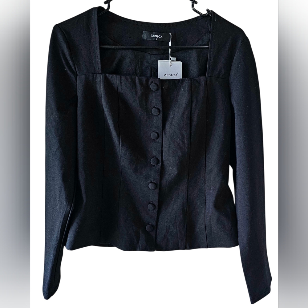 ZESICA Black Square Neck Button-Up Fitted Blazer Top - Size L NWT